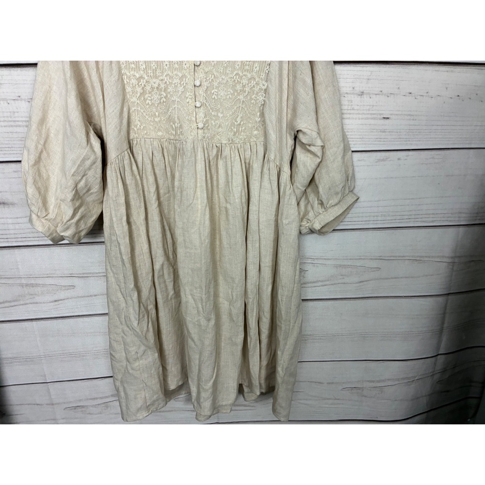 Umgee Oatmeal Linen Blend Lace Back Boho Babydoll Dress Beige Large - Picture 4 of 11